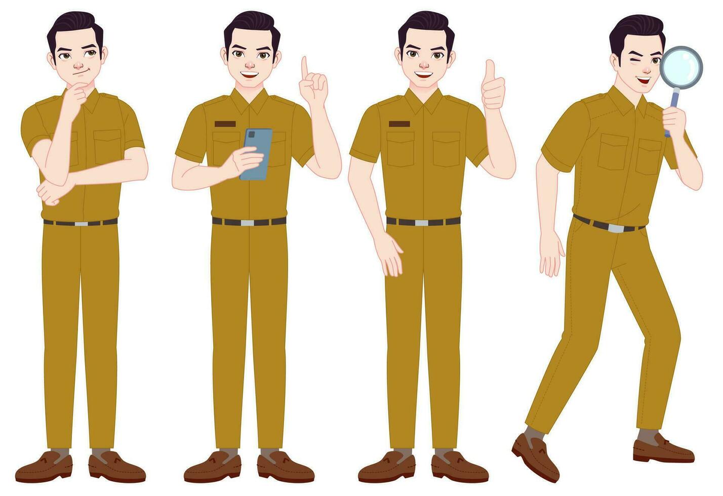 various styles and poses of handsome Indonesian civil servants wearing uniforms vector