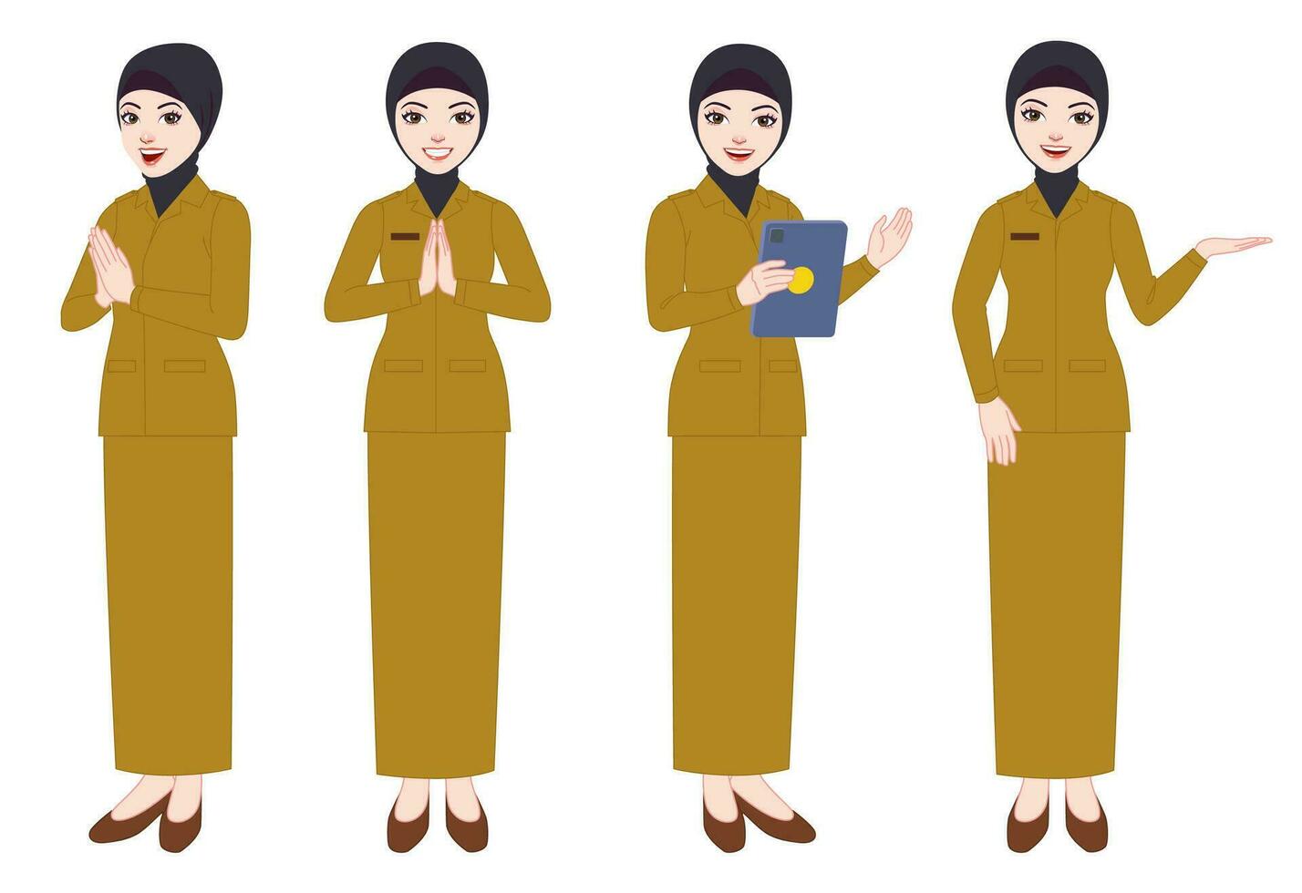 various styles and poses of beautiful Indonesian civil servants wearing uniforms and hijabs vector