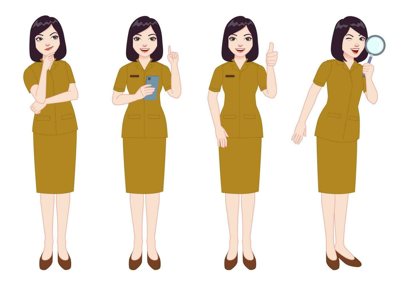 varios estilos y poses de hermosa indonesio civil servicio vistiendo uniformes vector