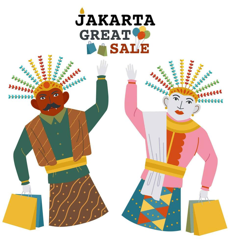 A pair of Ondel-ondel from Jakarta holding shoping bag in Jakarta Great Sale event vector