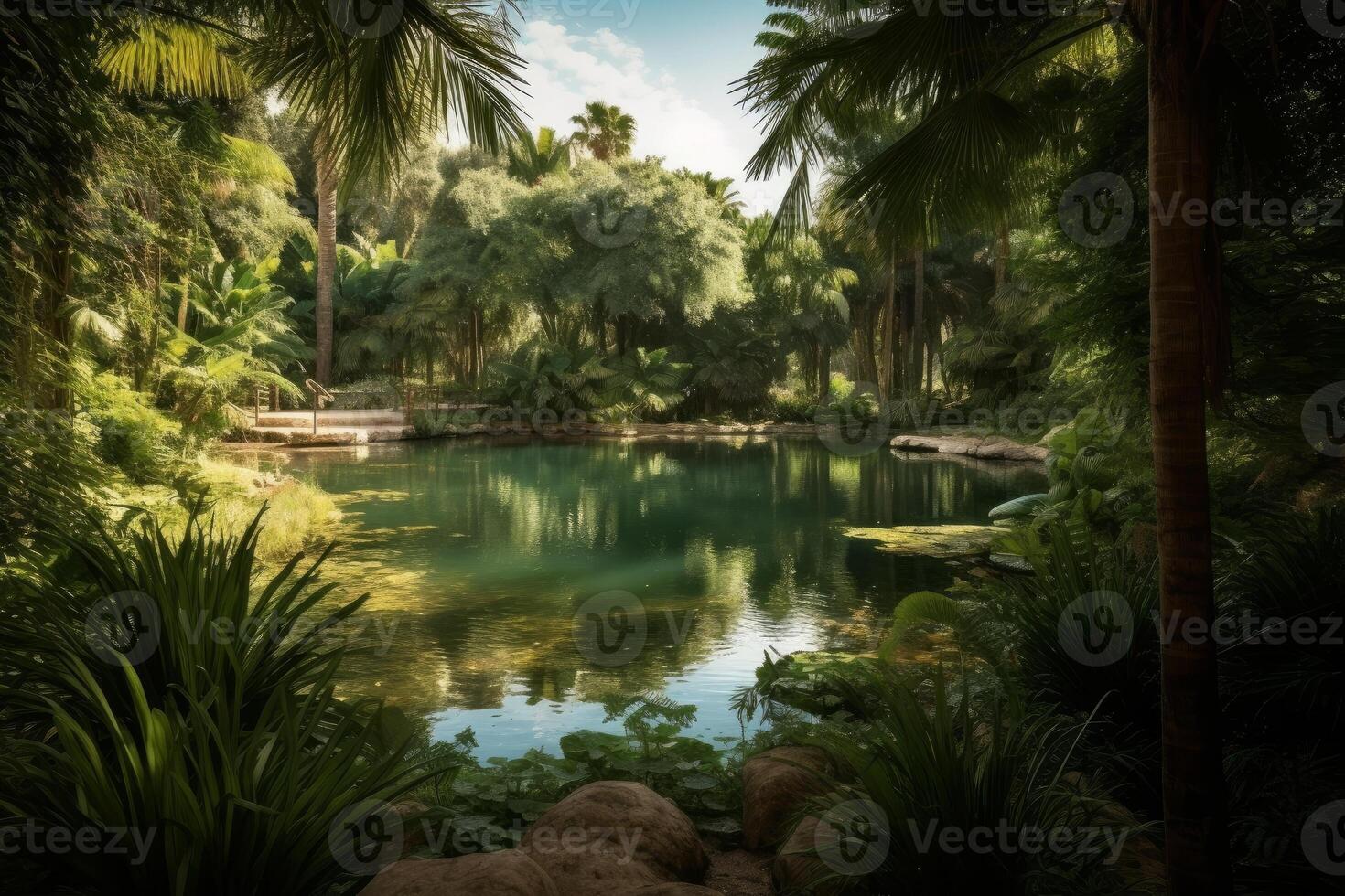Serene pond surrounded by lush palm trees and rocky terrain. photo