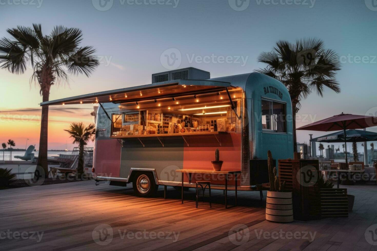 Food truck on a tropical wooden deck surrounded by palm trees. Generative AI photo