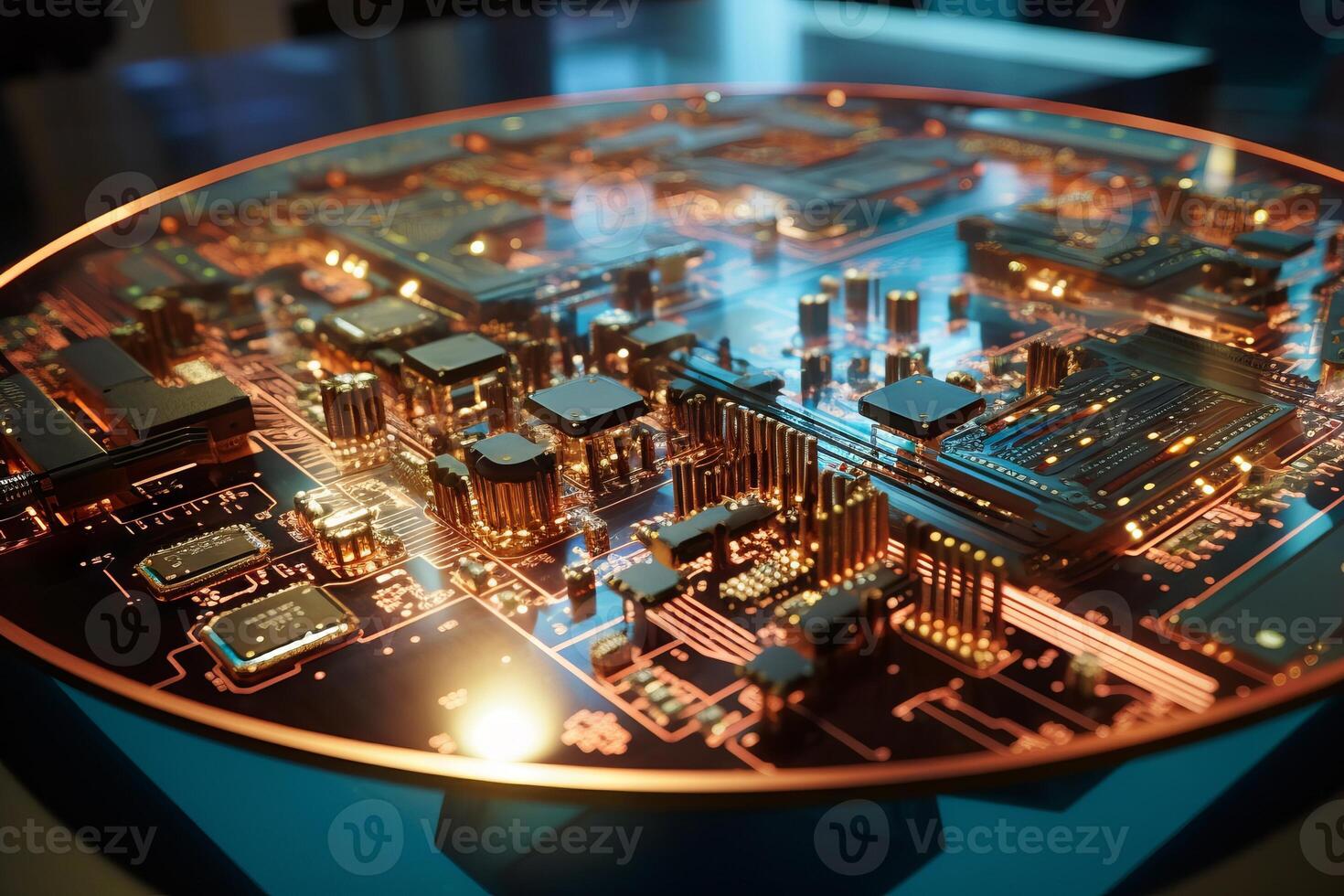 Computer circuit board with cityscape overlay. photo