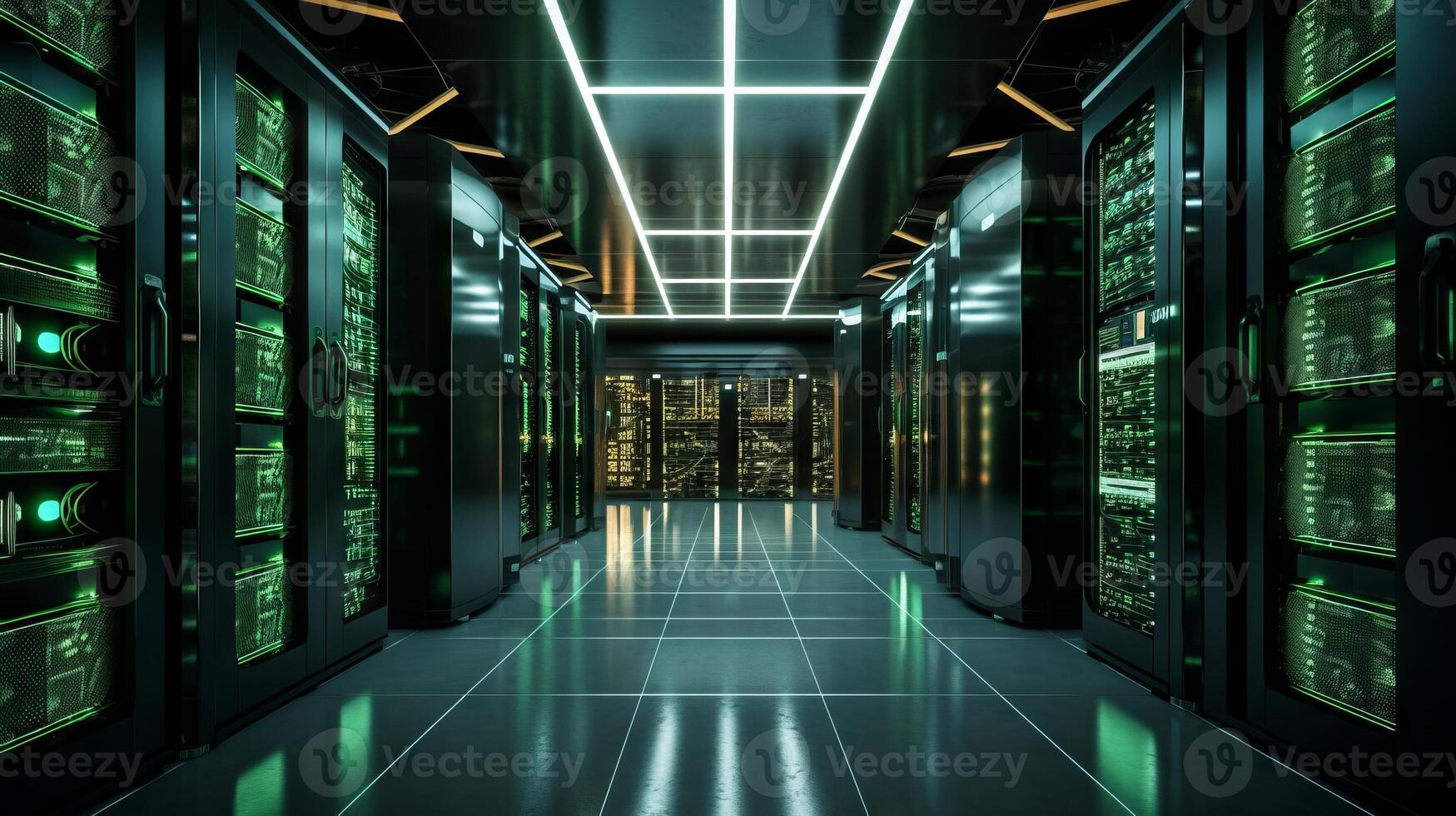 High-tech server room with rows of servers, electric board in a long hallway. photo