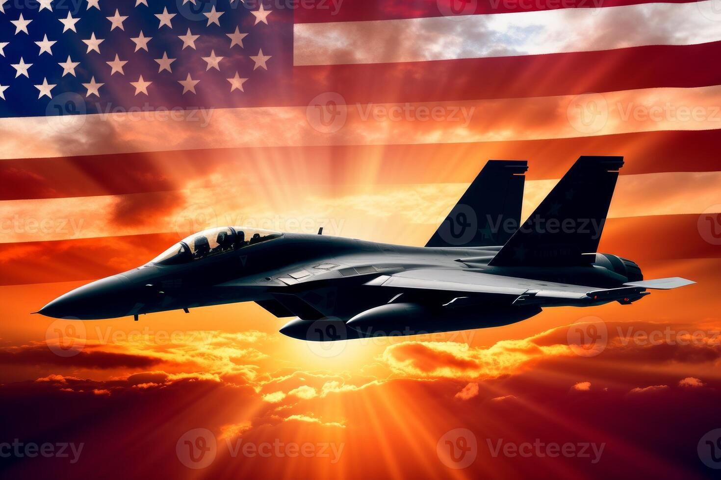 Fighter jet soaring in front of an american flag with blue sky in the background. photo
