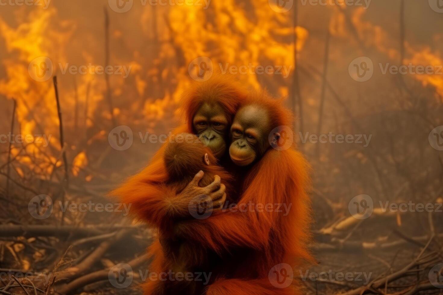 Orangutan embracing in front of a warm fire. photo