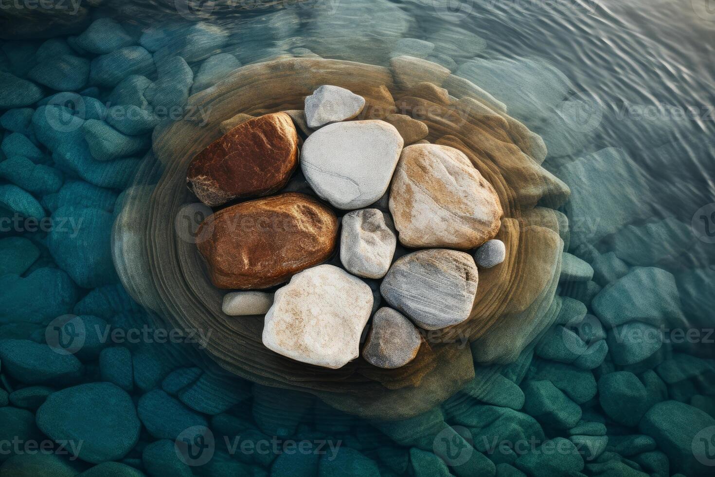 Rocks sitting on top of calm water, creating a serene and peaceful scene. photo
