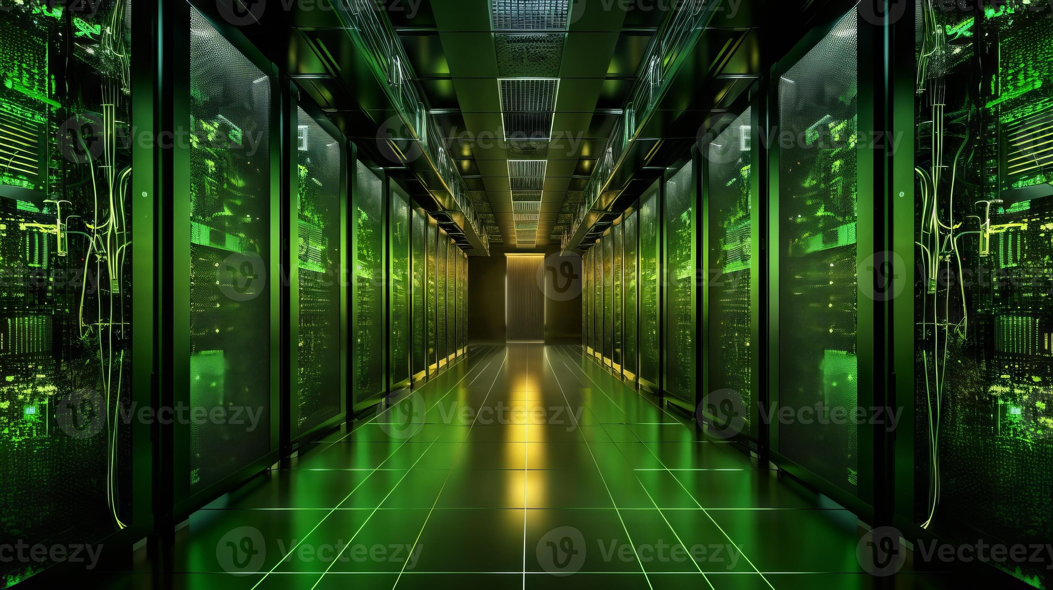 Server room with a futuristic hallway illuminated by green lights ...