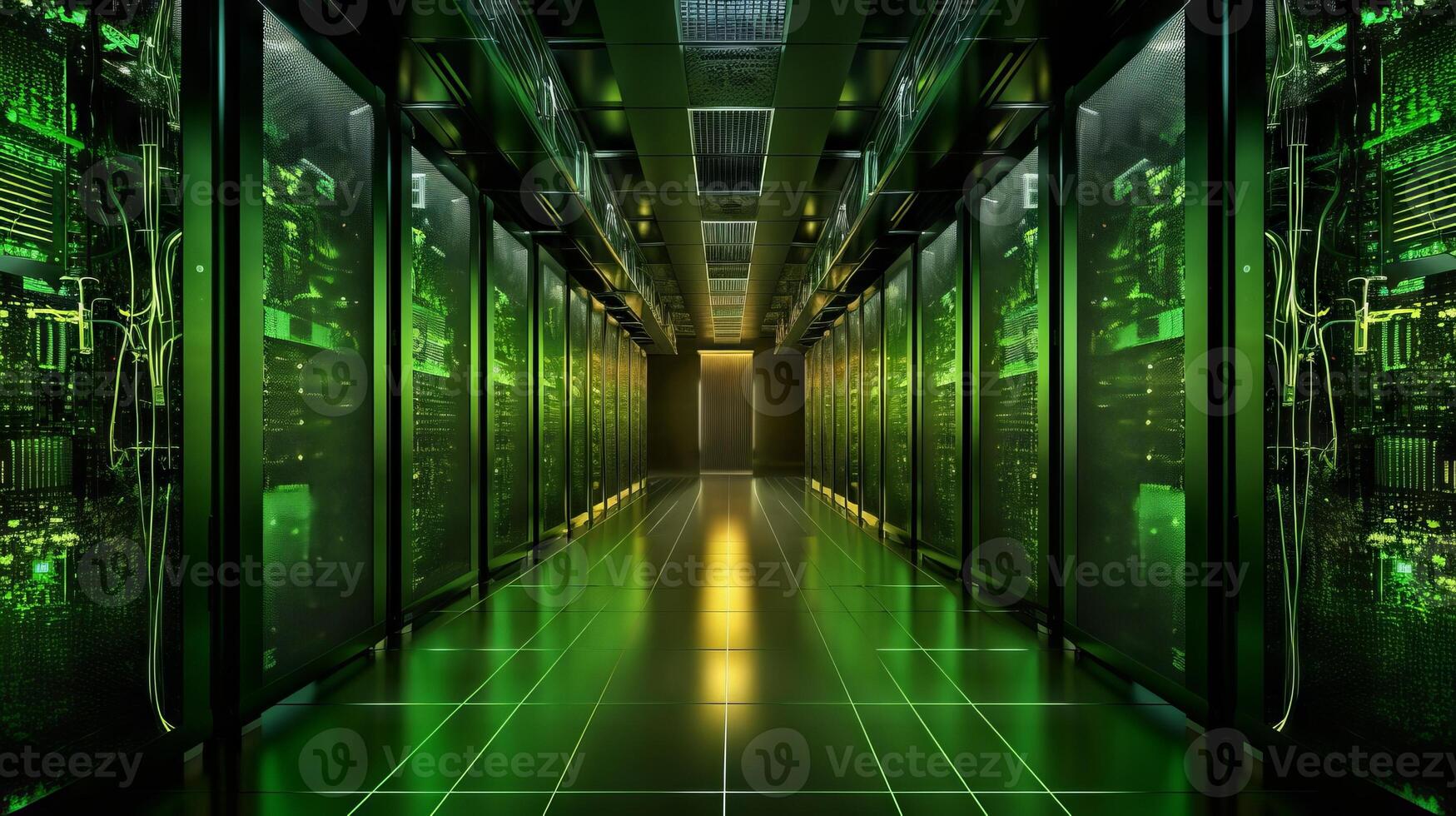 Server room with a futuristic hallway illuminated by green lights. Generative AI photo