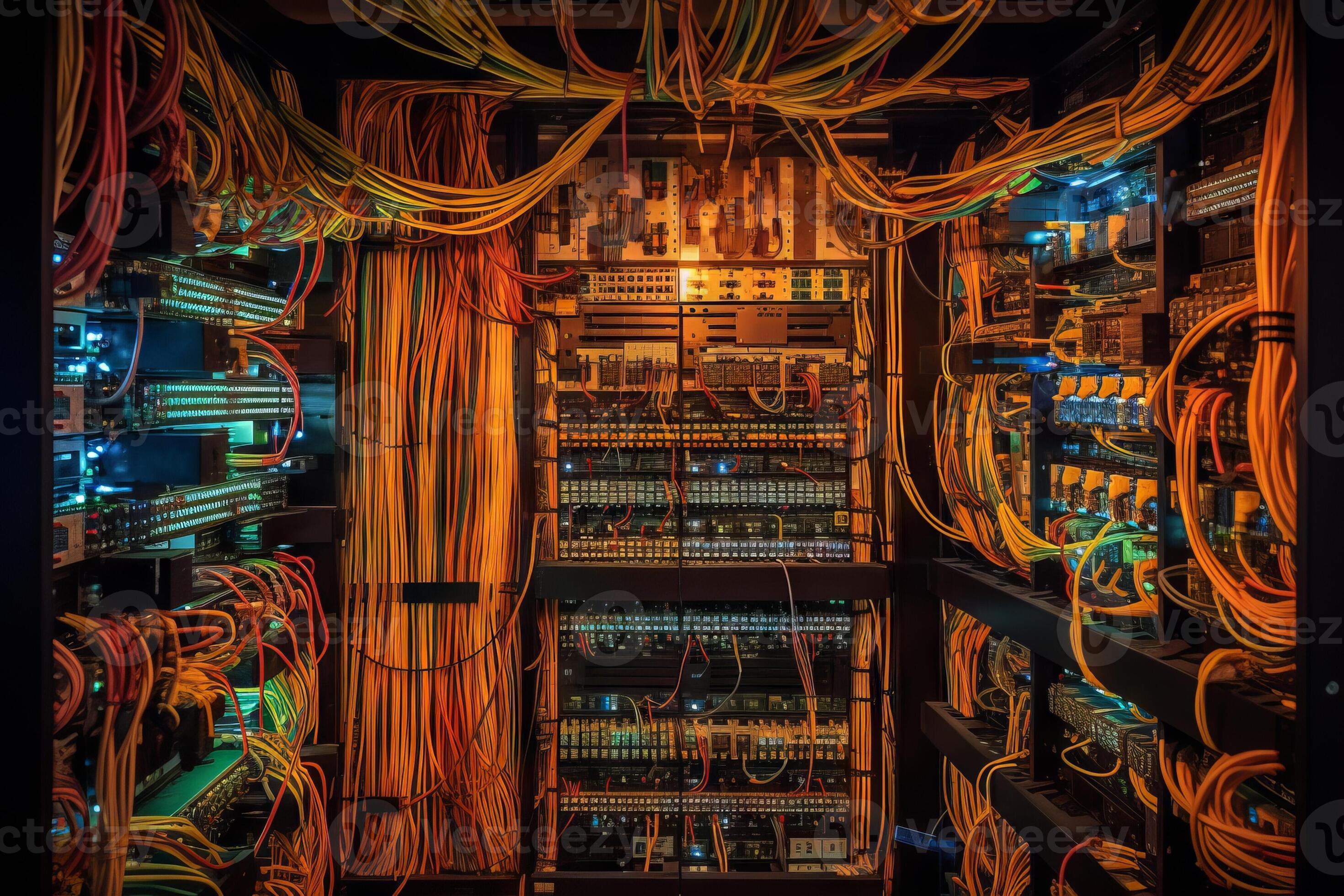 Messy tangle of wires and cables in a server room. Generative AI