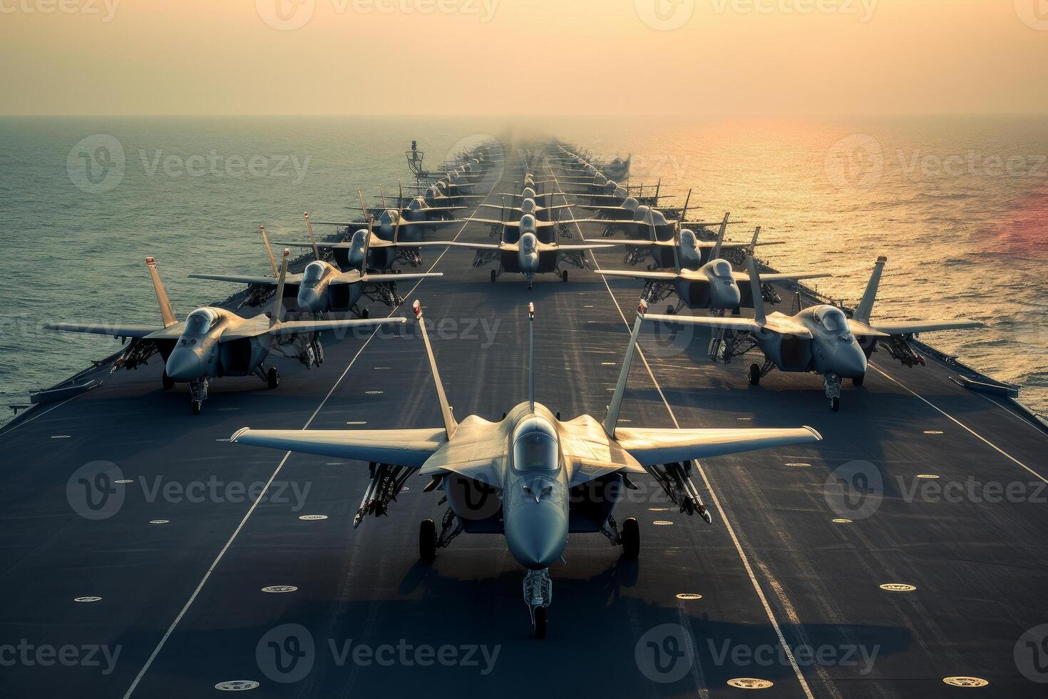 Fighter jets parked on an aircraft carrier deck. photo
