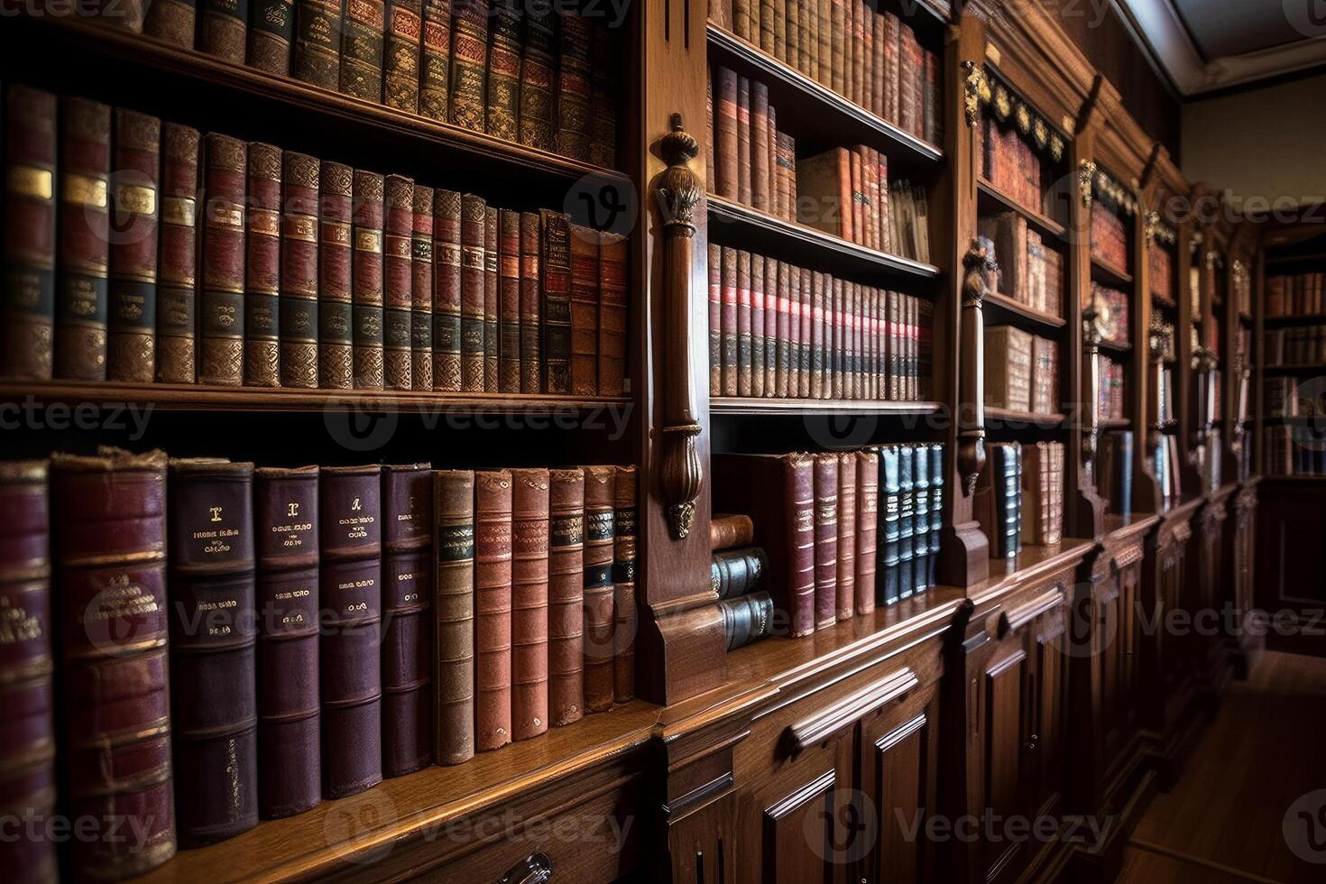 Wooden bookshelf filled with books arranged in a neat row. photo
