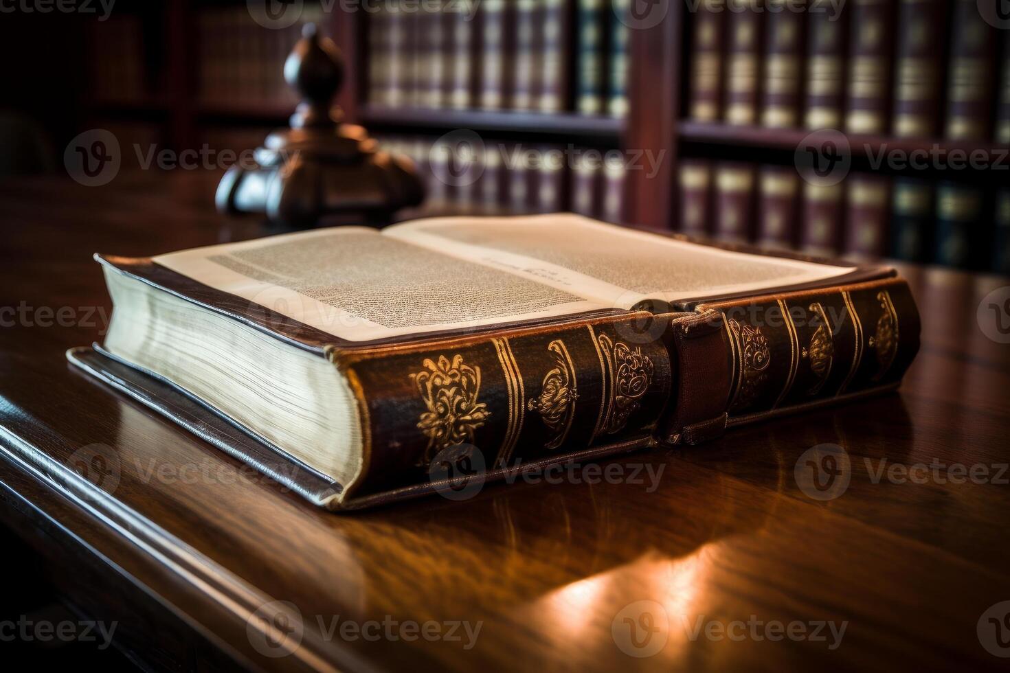 Open book resting on a rustic wooden table. photo