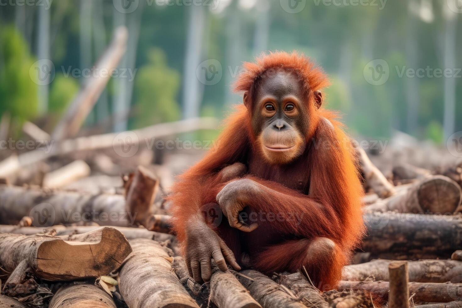 Orang Utan perched atop a stack of logs in a forest. Generative AI photo