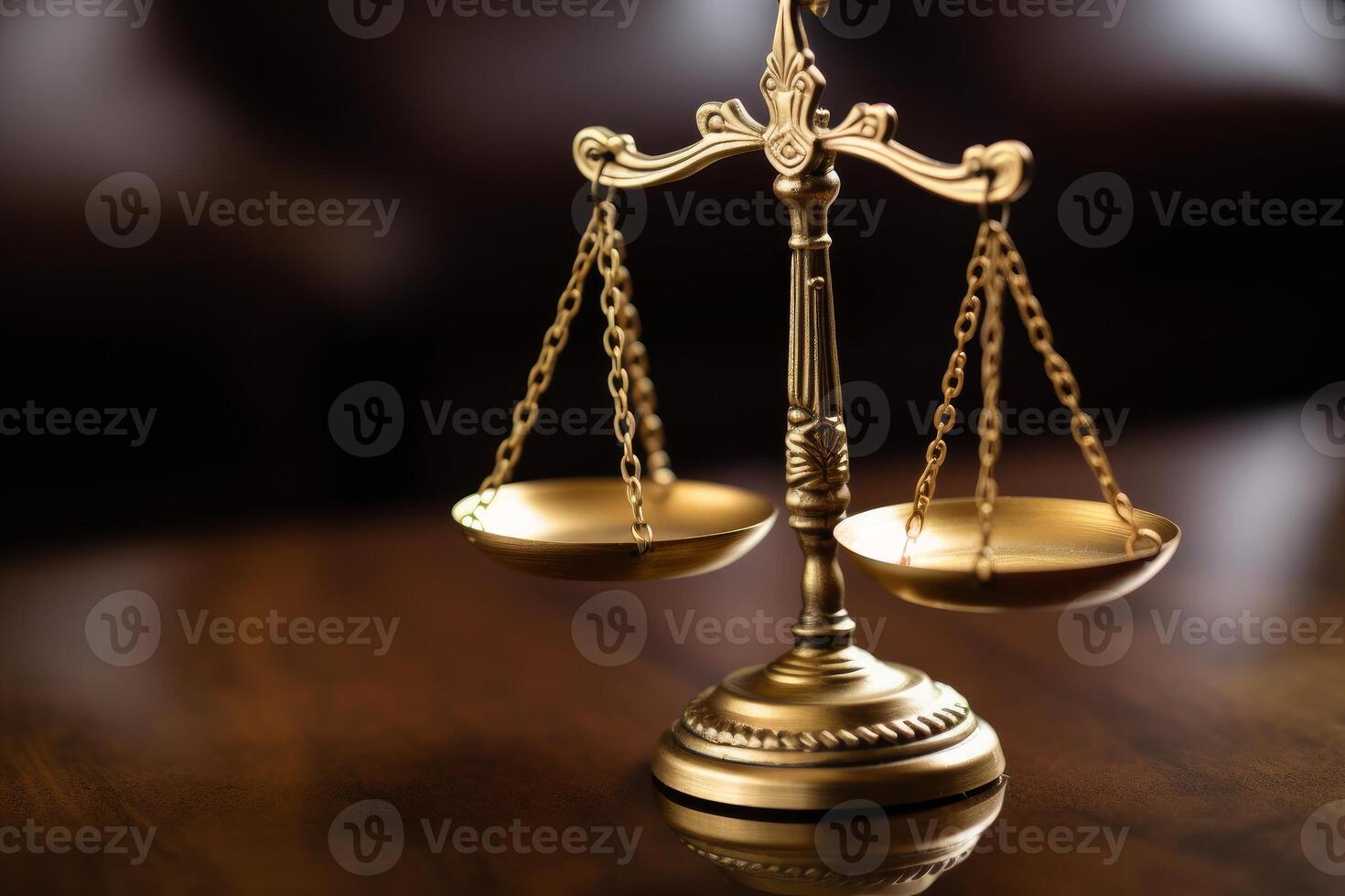 Golden balance scale on a wooden table, symbolizing justice and equality. photo