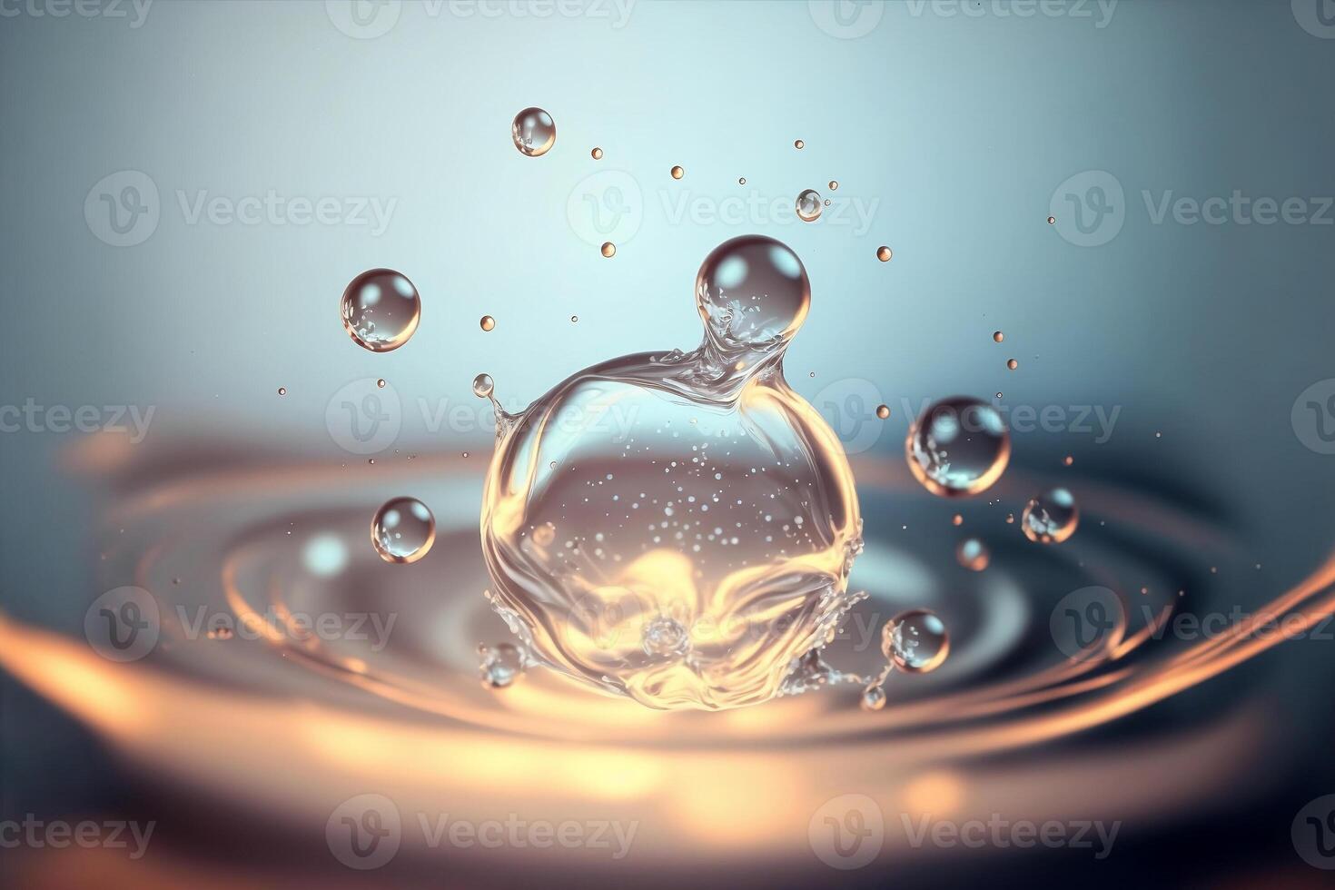 Cosmetic essence glittering molecule bubble. Collagen, vitamin or serum drop for moisturizer. Liquid molecule chemical structure floating on water background with . photo