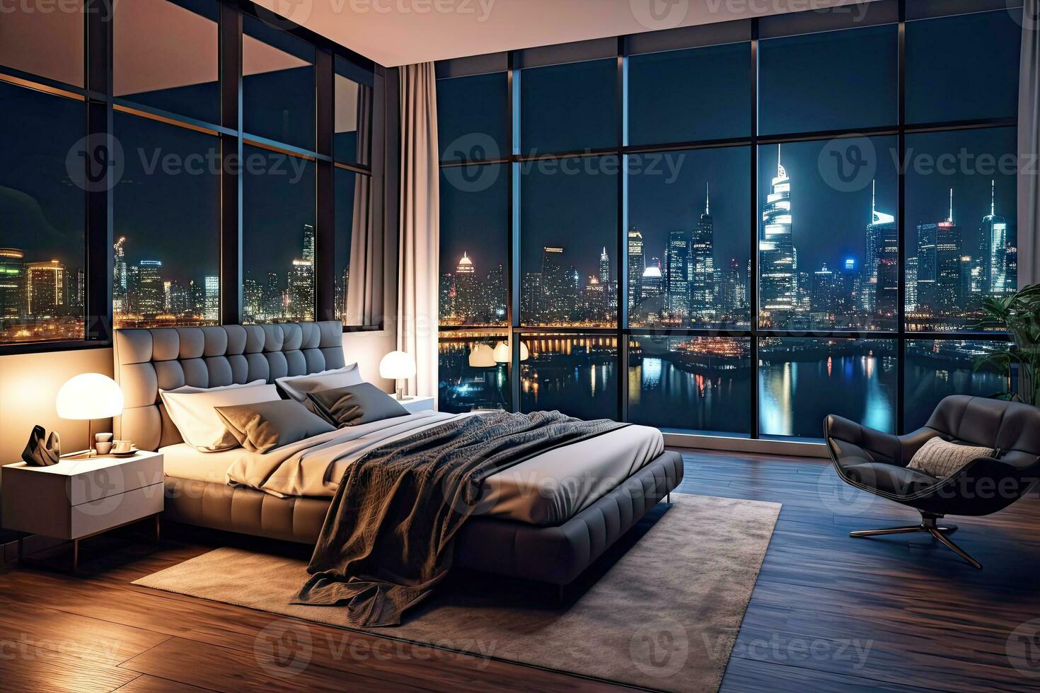 noche escena de moderno contemporáneo estilo interior dormitorio diseño con ciudad vista, Decorar con cómodo cama, lámpara, almohadas, mesa, y frío tono fondo, con generativo ai. foto