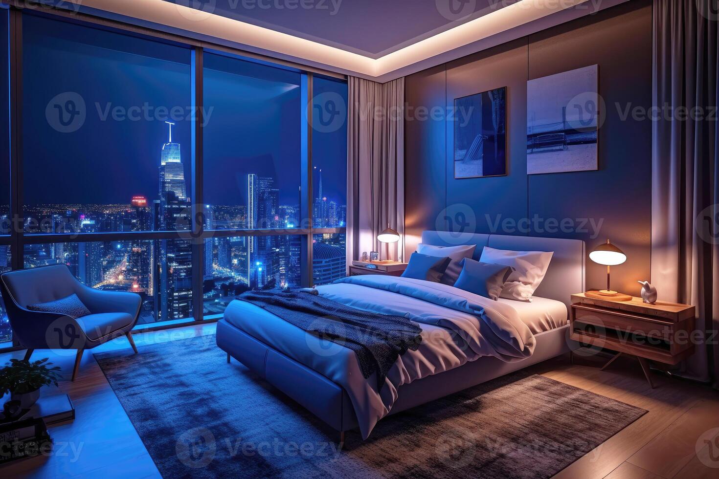 Night scene of Modern contemporary style interior bedroom design with city view, decorate with comfortable bed, lamp, pillows, table, and cold tone background, with Generative Ai. photo