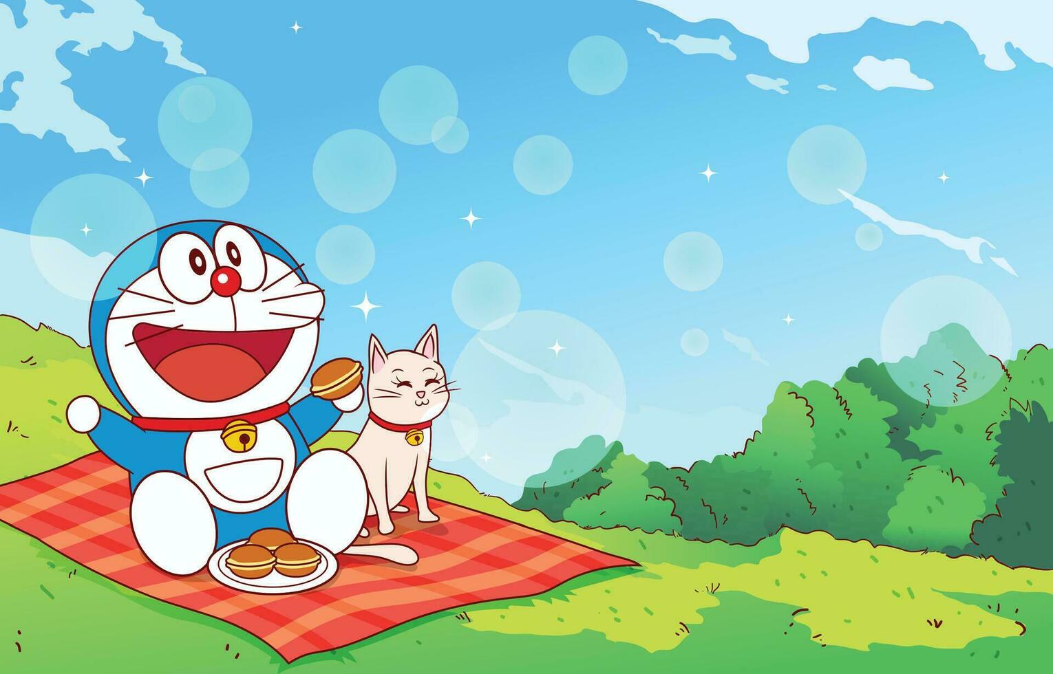 Cats Picnic in the Park Eating Dorayaki vector