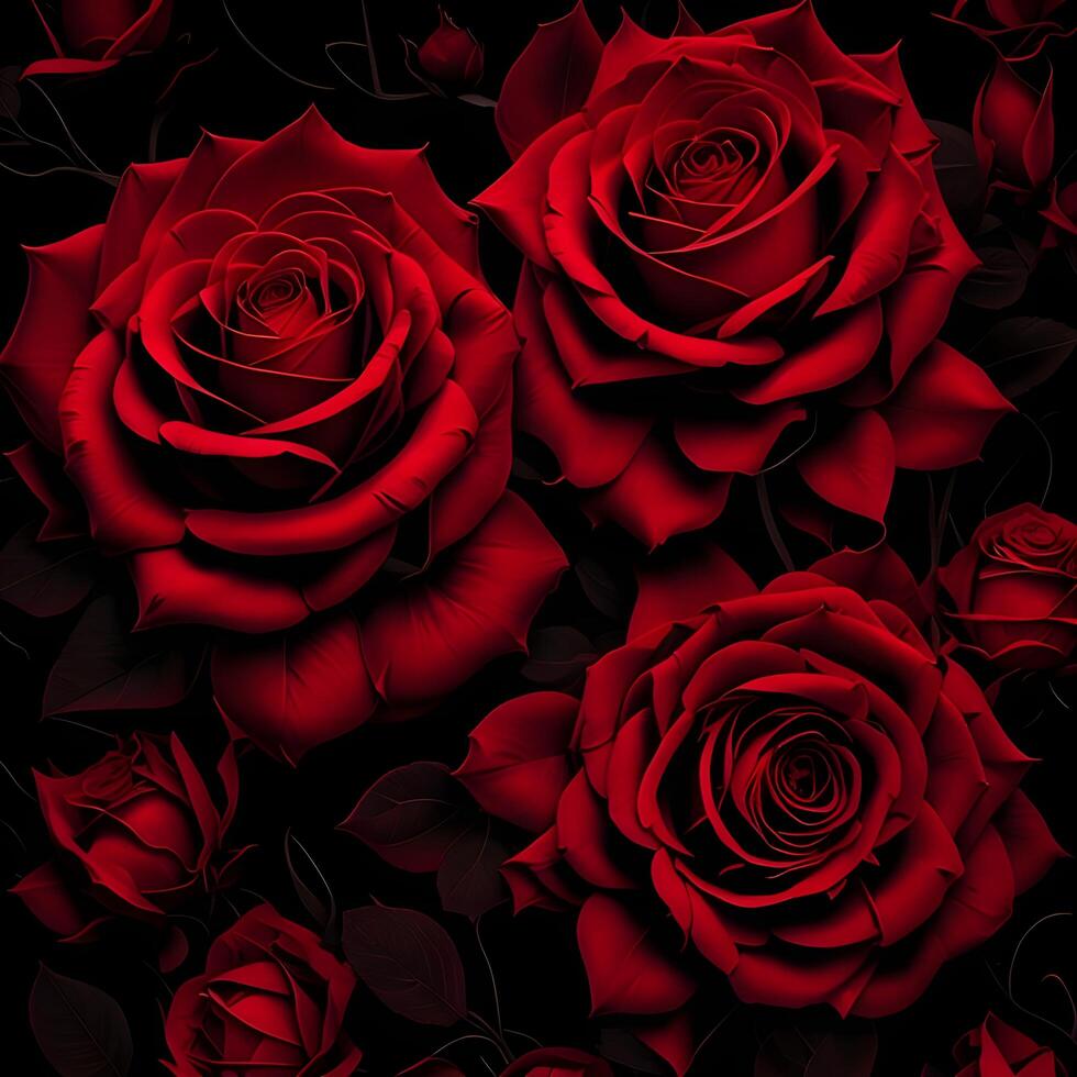 Seamless pattern of red roses on black background. illustration. photo