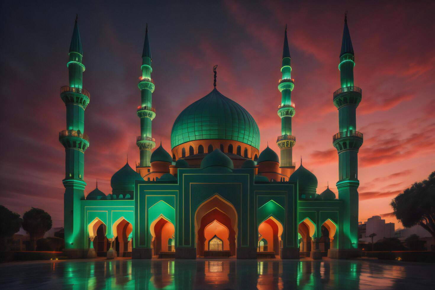Mosque at sunset, Abu Dhabi, United Arab Emirates. photo