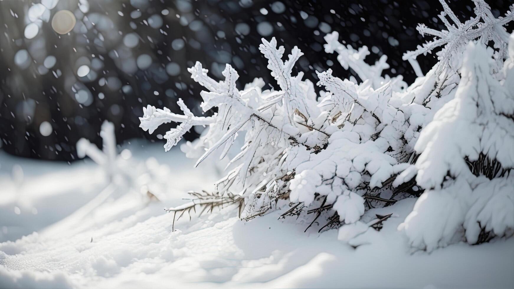 congelado pino árbol ramas en invierno bosque con copos de nieve. generativo ai foto