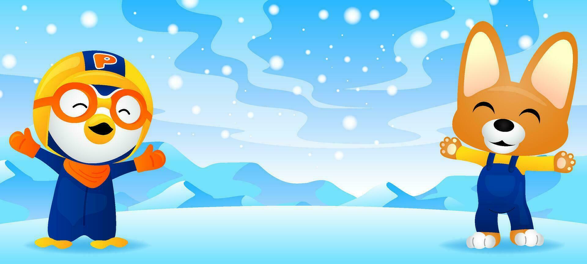 linda pequeño pingüino y linda zorro en el nieve vector