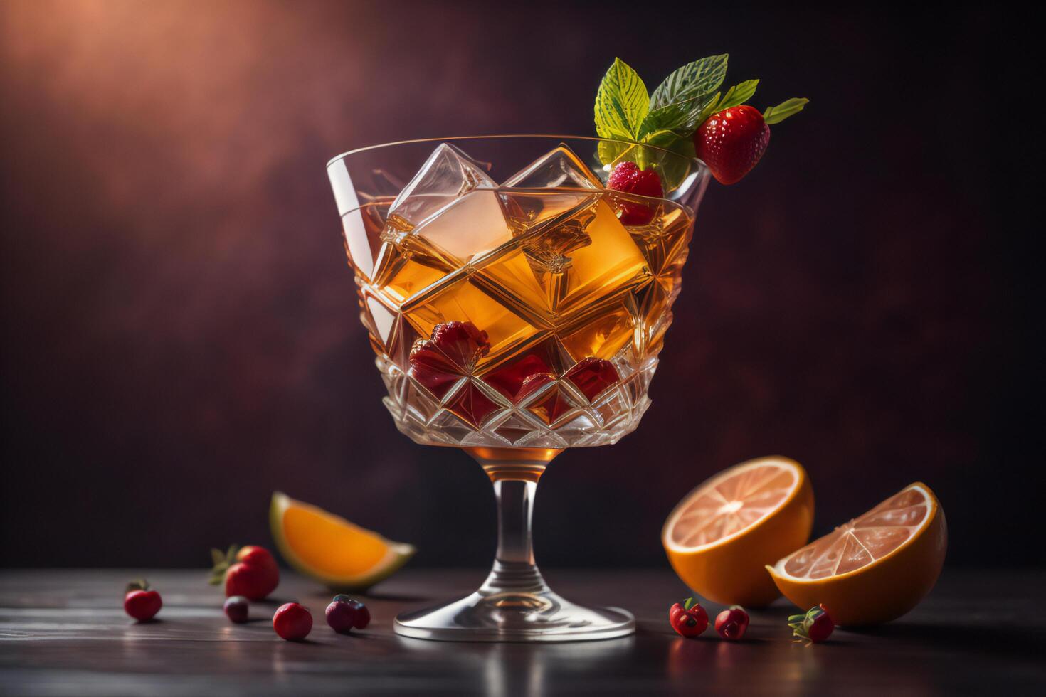 Cocktail with raspberries and mint on a dark background. photo
