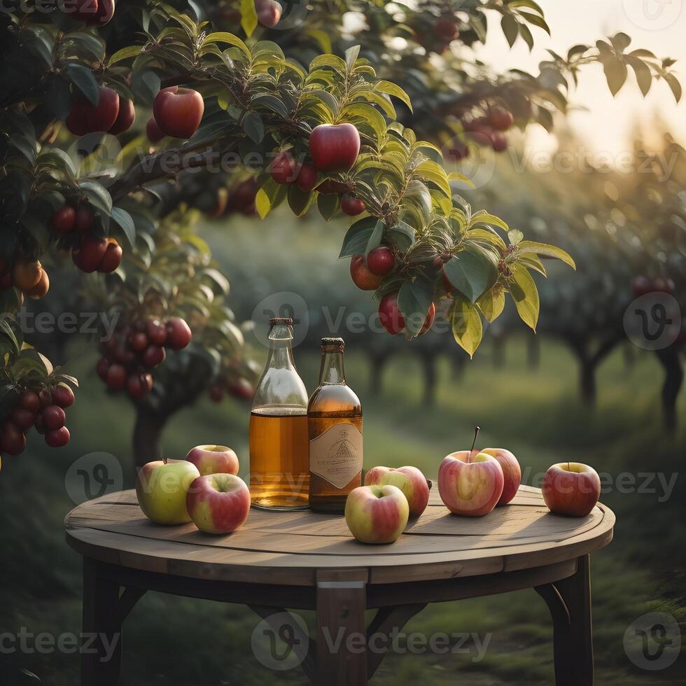 Apple cider vinegar and fresh apples on a table in an orchard. photo