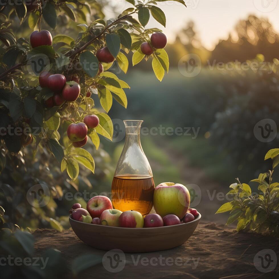 Apple cider vinegar in a glass bottle and fresh ripe apples on a table in an orchard. photo