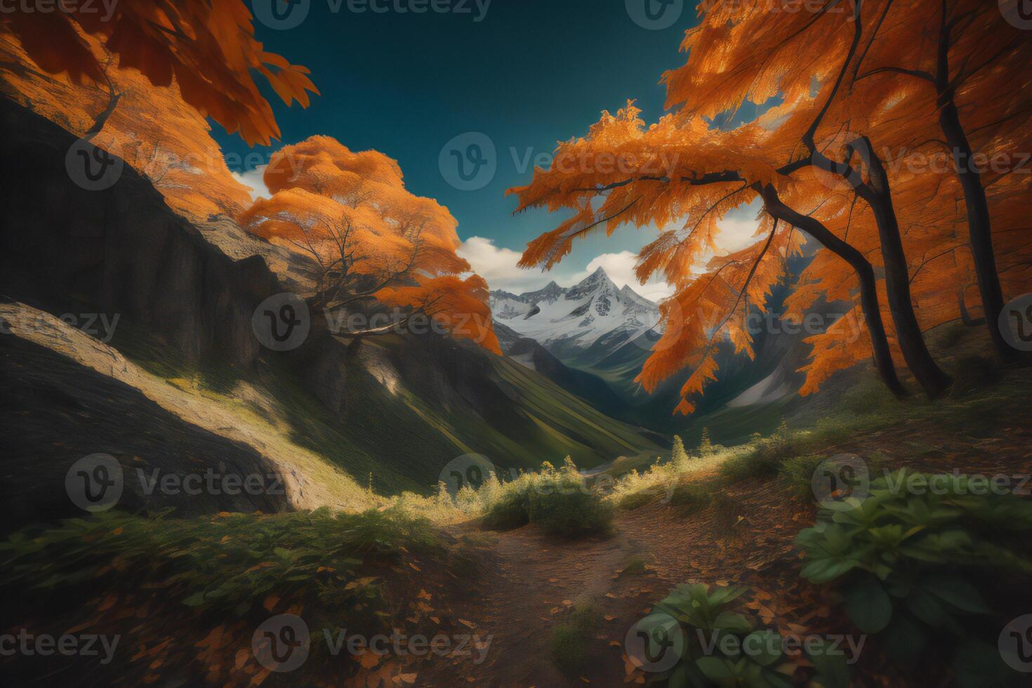 Fantasy landscape with autumn trees and mountains. photo
