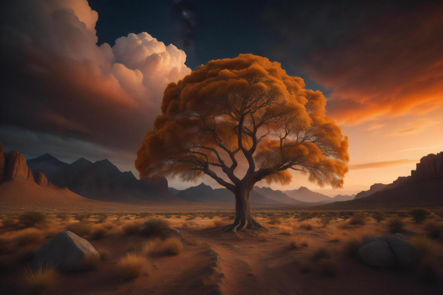 Fantasy landscape with a tree in the desert. photo