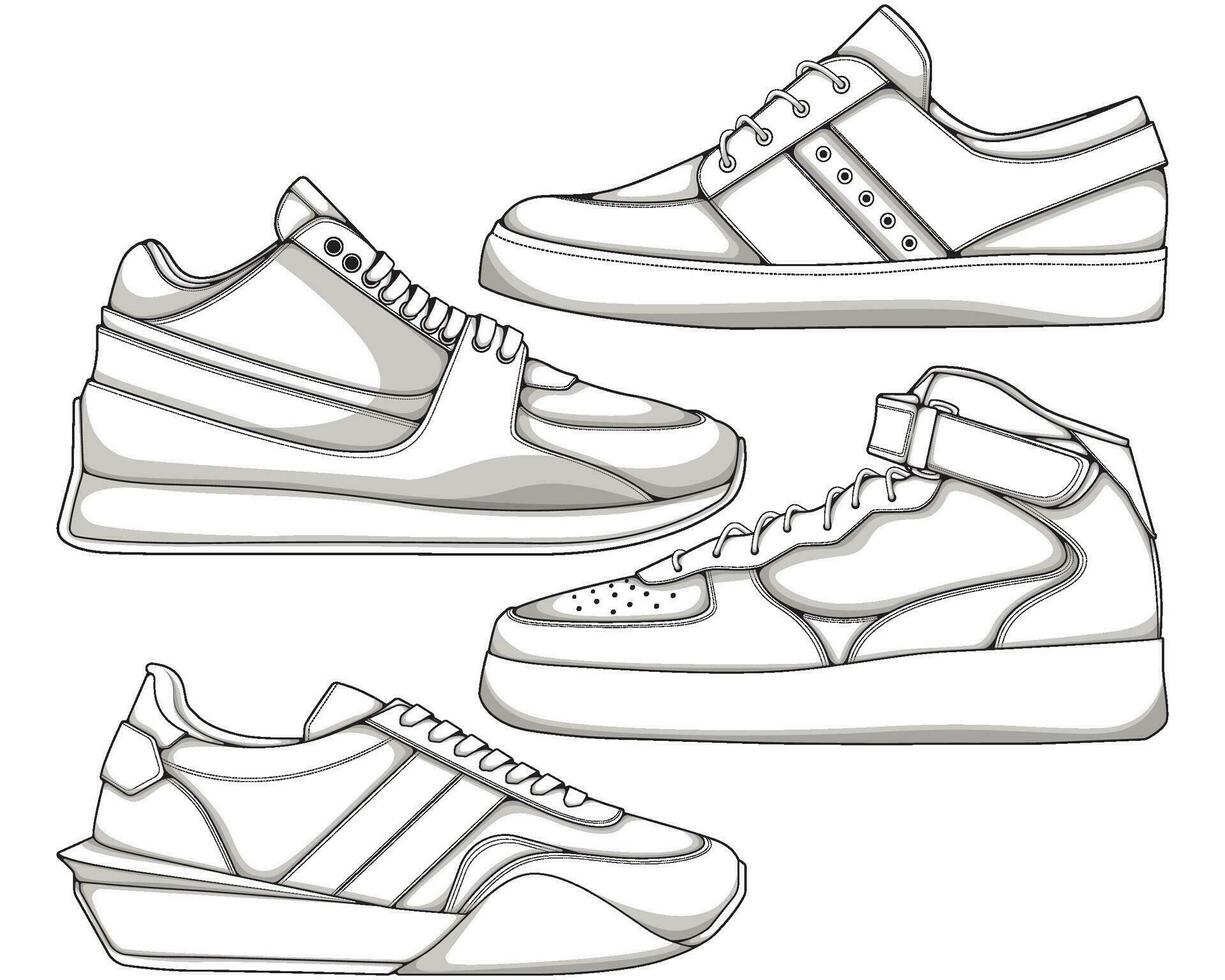 conjunto de Zapatos zapatilla de deporte contorno dibujo vector, zapatillas dibujado en un bosquejo estilo, empaquetar zapatillas entrenadores modelo describir, vector ilustración.