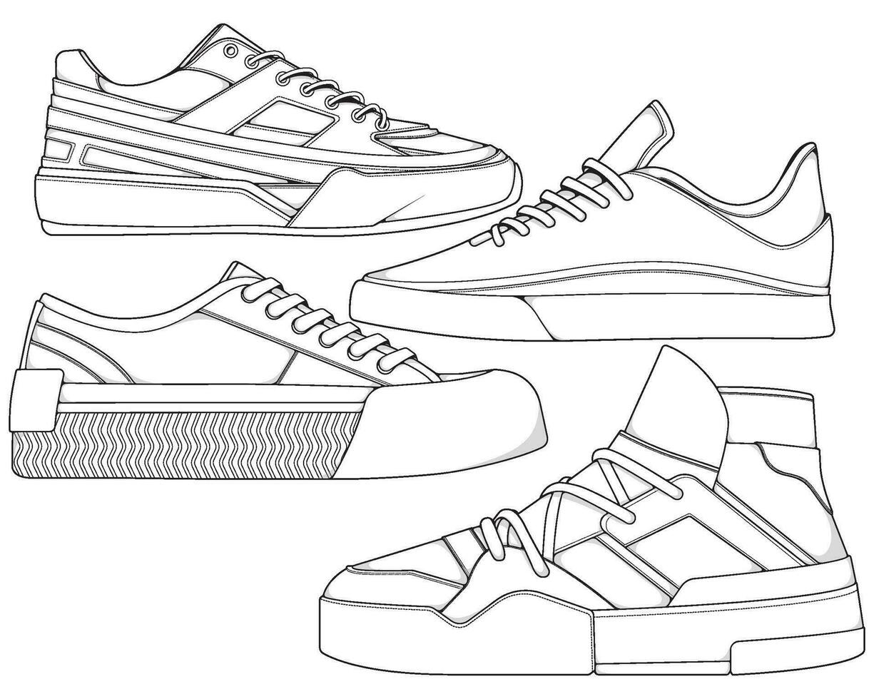 Set of shoes sneaker outline drawing vector, Sneakers drawn in a sketch style, bundling sneakers trainers template outline, vector Illustration.