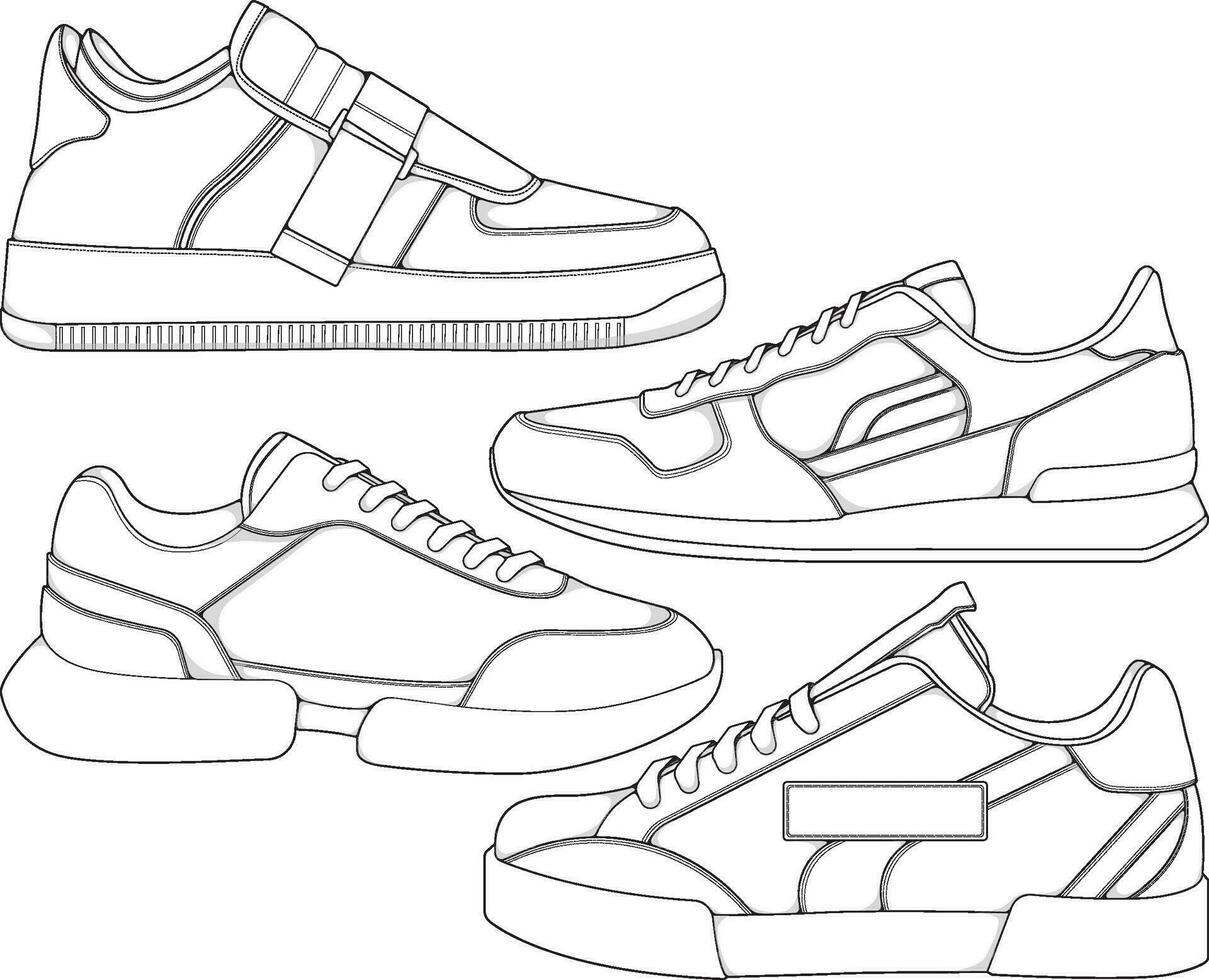 conjunto de Zapatos zapatilla de deporte contorno dibujo vector, zapatillas dibujado en un bosquejo estilo, empaquetar zapatillas entrenadores modelo describir, vector ilustración.