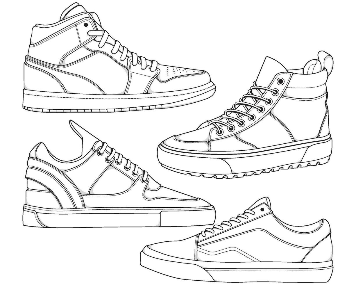 Set of shoes sneaker outline drawing vector, Sneakers drawn in a sketch style, bundling sneakers trainers template outline, vector Illustration.