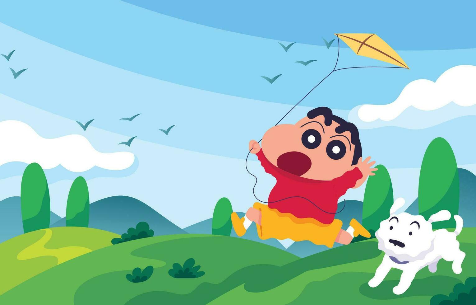 Cute Little Boy Playing Kite in the Grass Field vector