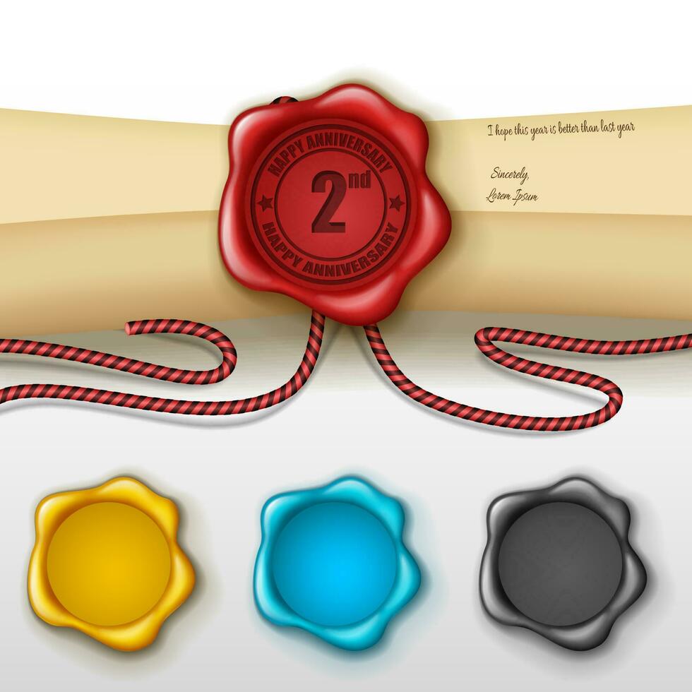 2nd Anniversary Greeting card with Other Color Wax Seal, Vector Illustration