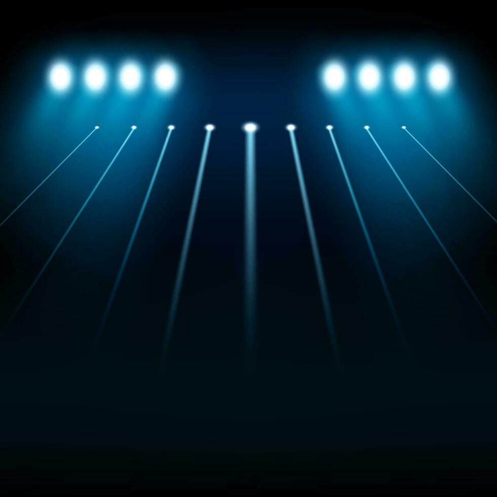 Blue Spotlights Shining On Dark Background, Vector Illustration