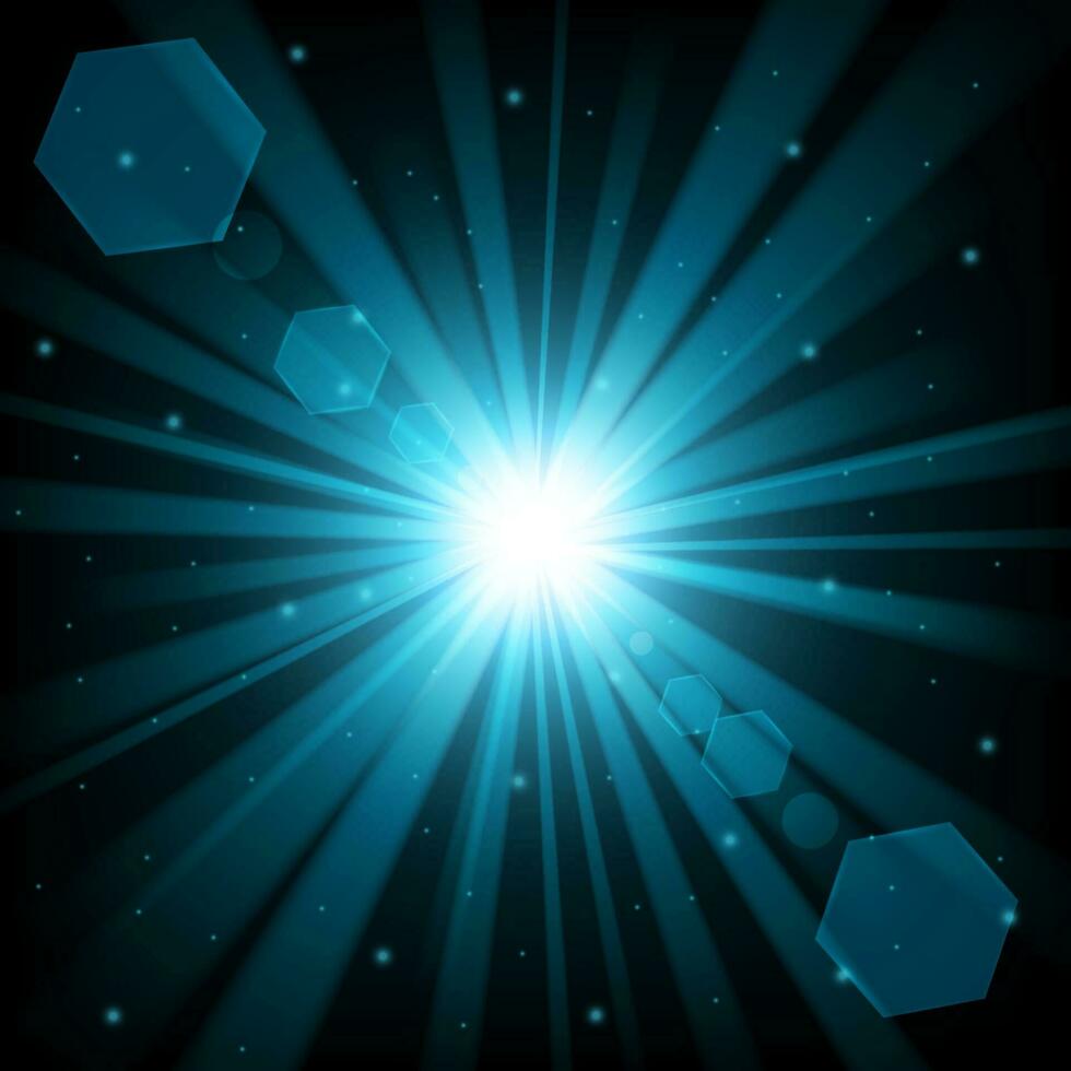 Blue Shine With Lens Flare In Dark Background, Vector Illustration