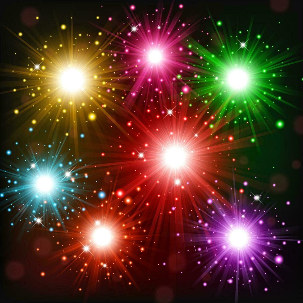 Colorful Fireworks Scattered In The Sky, Vector Illustration
