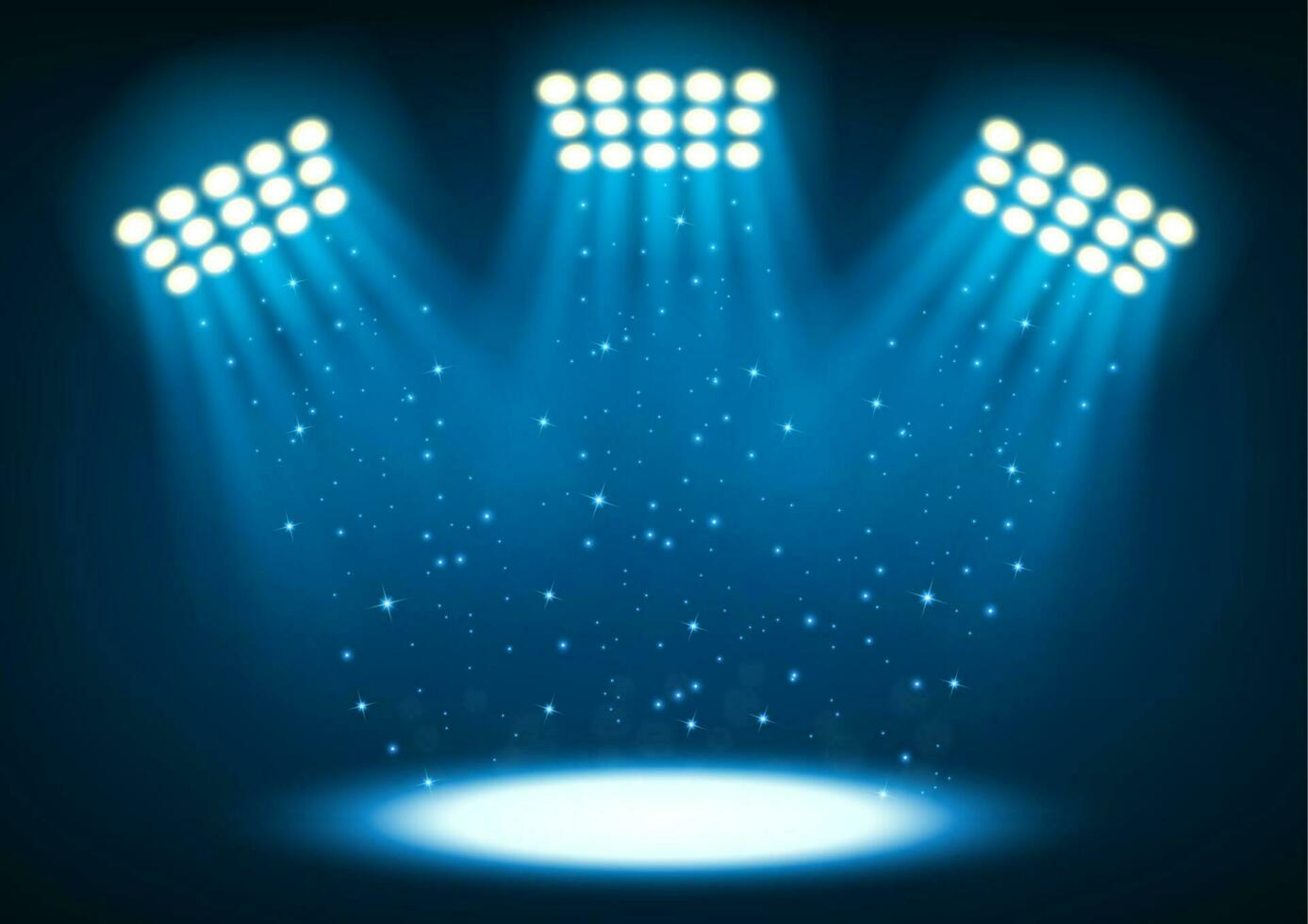 Blue Bright Stadium Spotlights On Dark Background, Vector Illustration