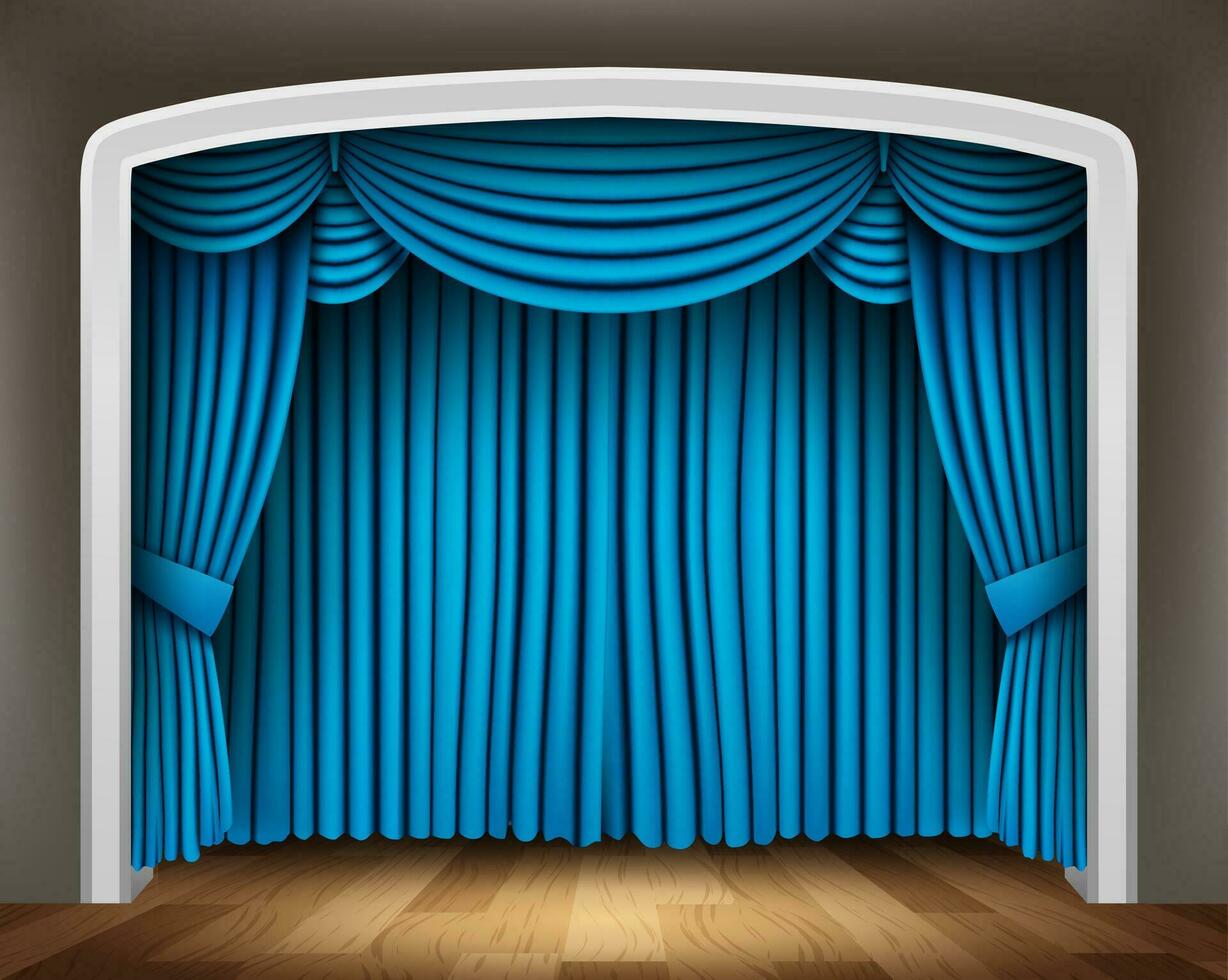 Blue Curtain of Classical Theater with Wood Floor, Vector Illustration