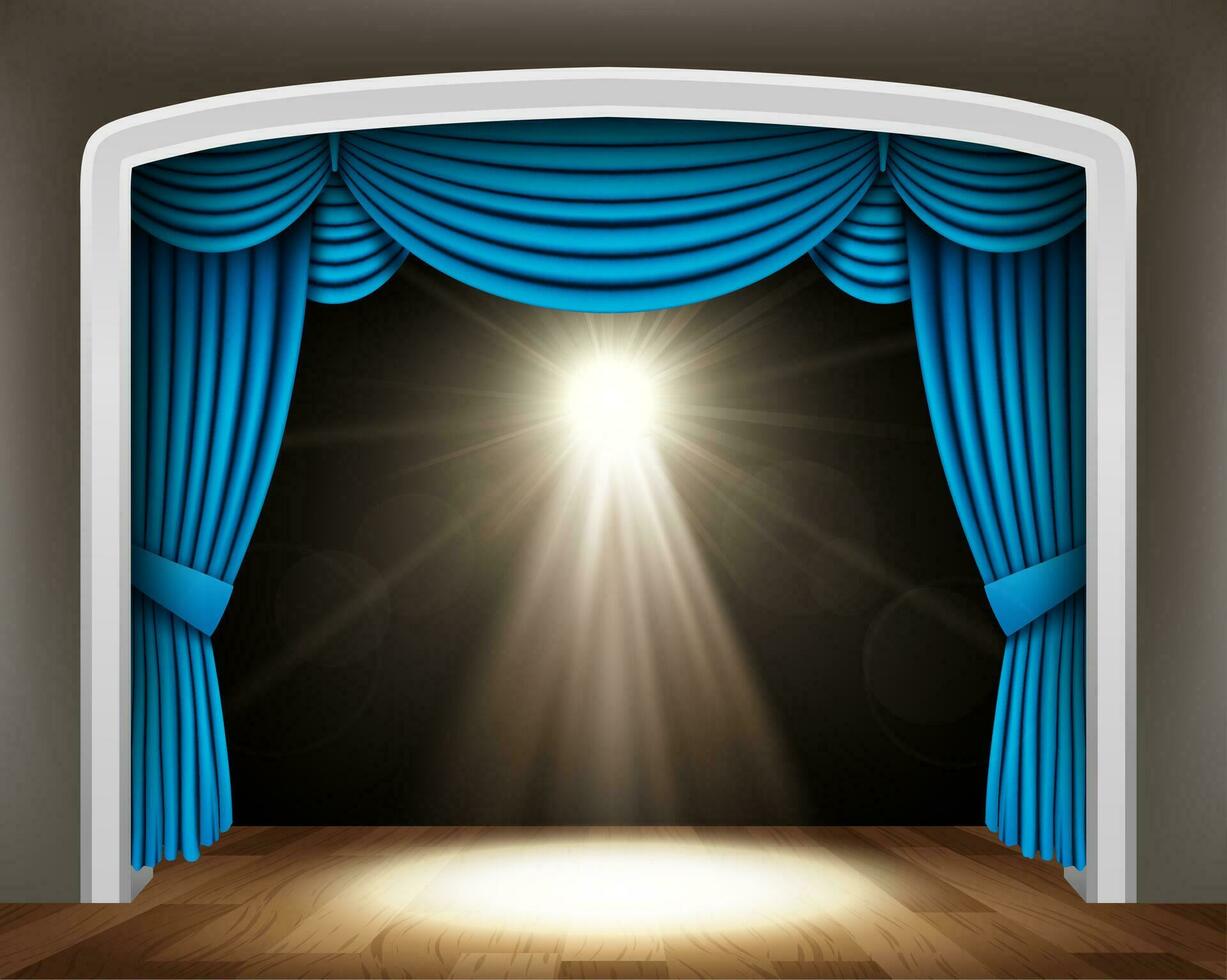 Blue Curtain of Classical Theater with Spotlight On Wood Floor, Vector Illustration