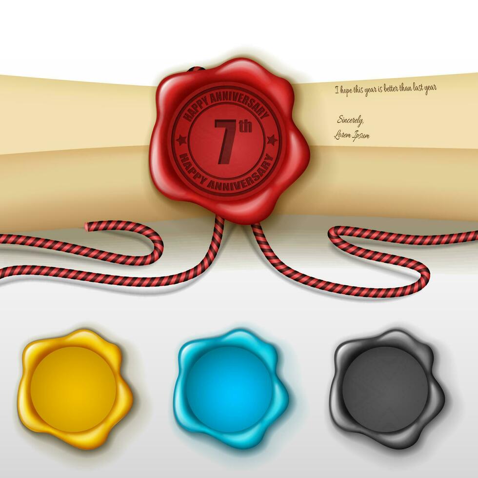 7th Anniversary Greeting Card With Other Color Wax Seal, Vector Illustration