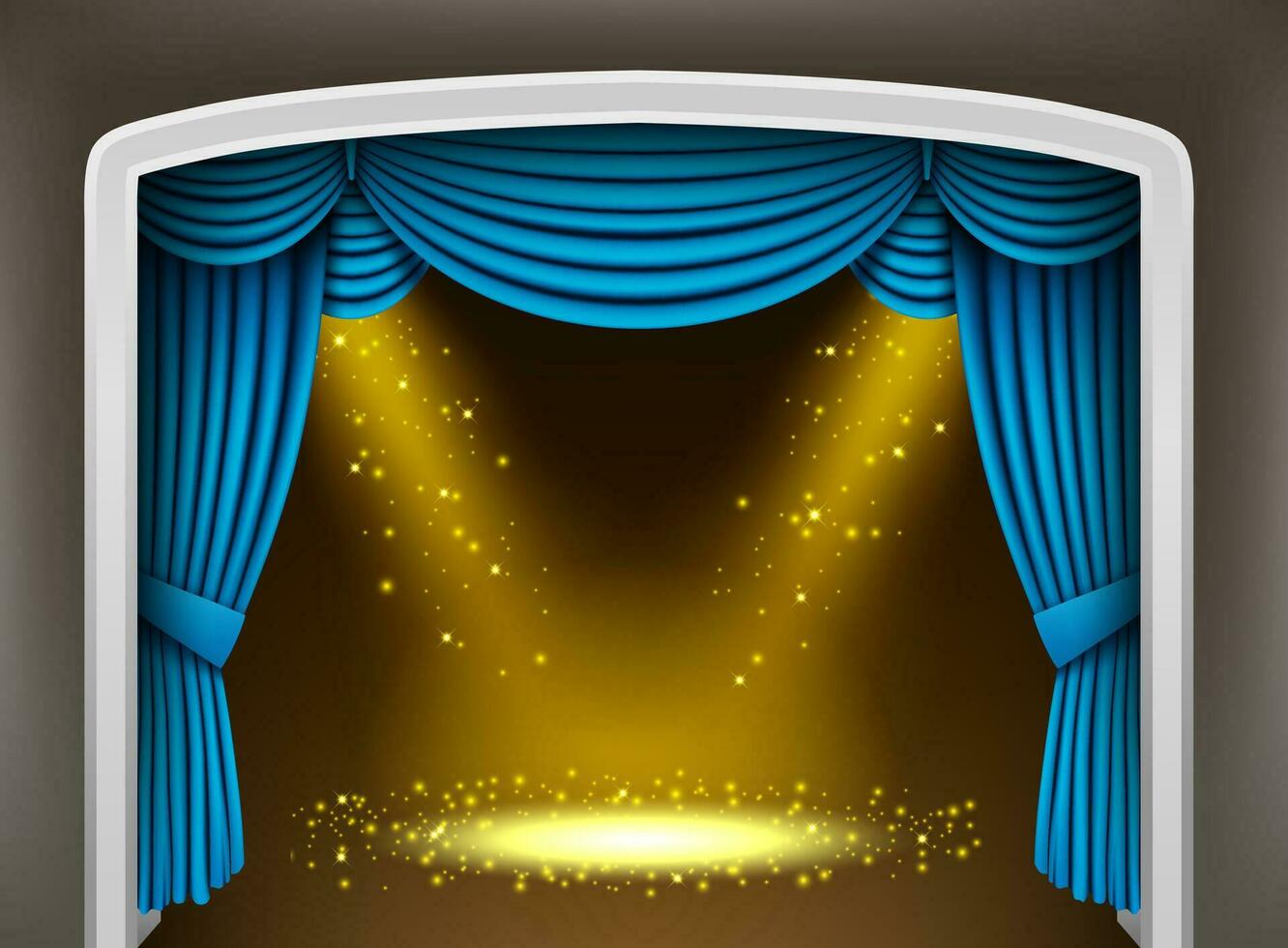 Blue Curtain of Classical Theater with Gold Spotlights and Sparks, Vector Illustration
