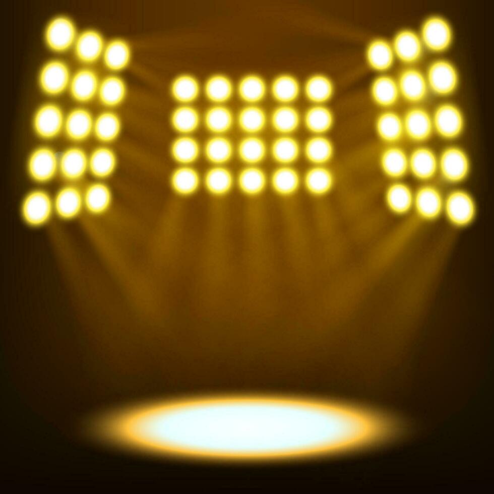 Bright Stadium Spotlights On Dark Gold background, Vector Illustration