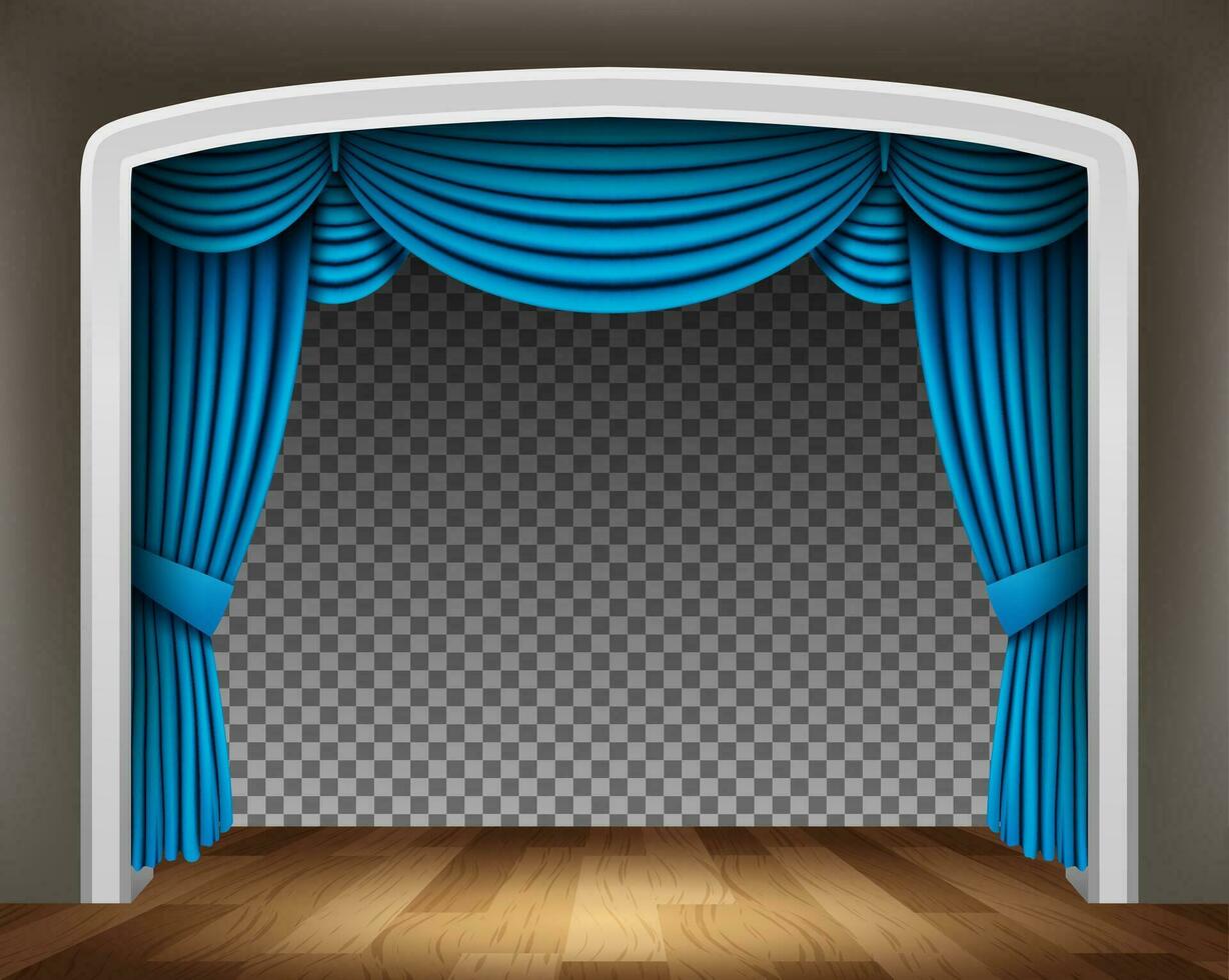 Blue Curtain of Classical Theater with Wood Floor on Pattern Background, Vector Illustration