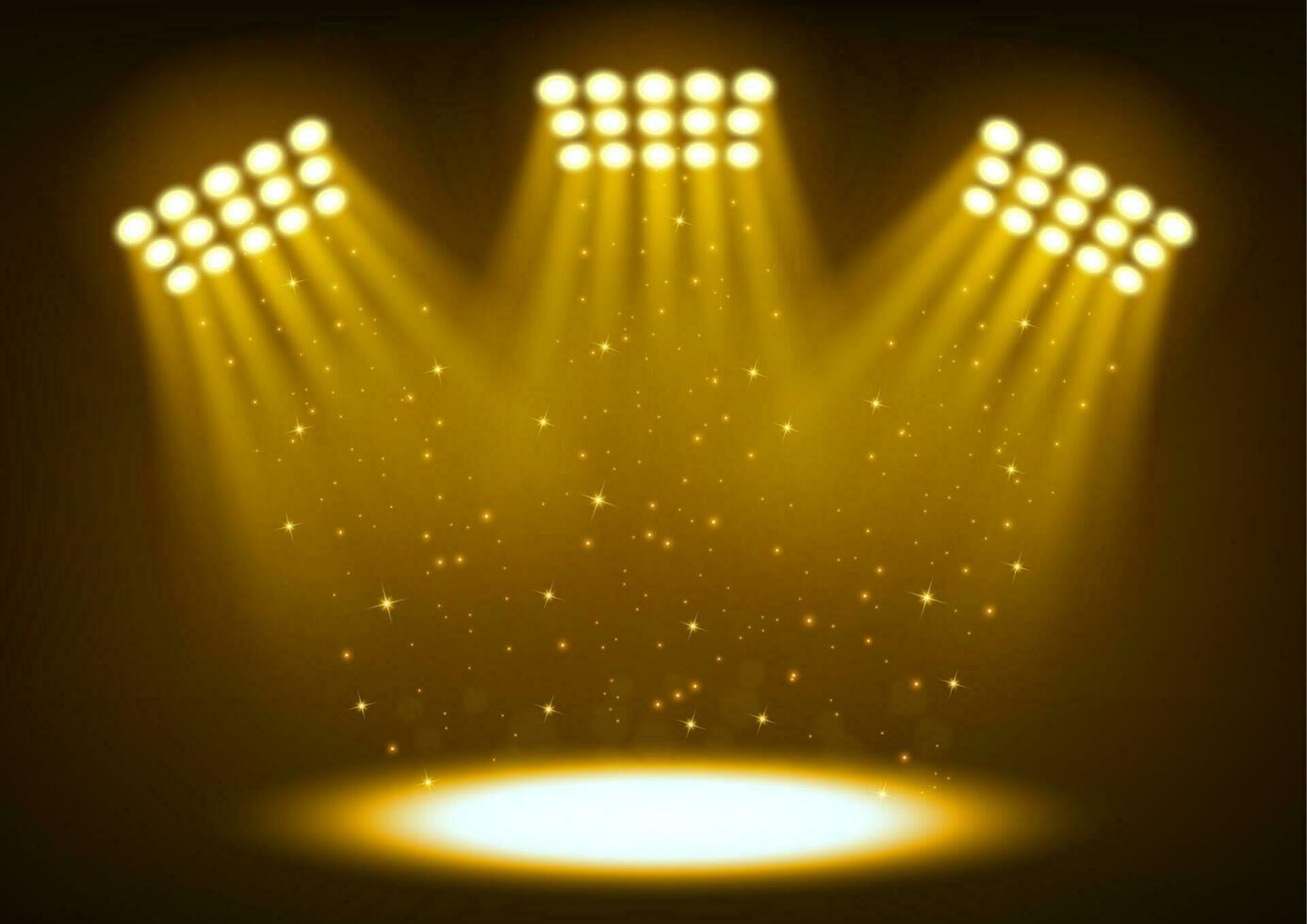 Gold bright stadium spotlights on dark background, Vector Illustration