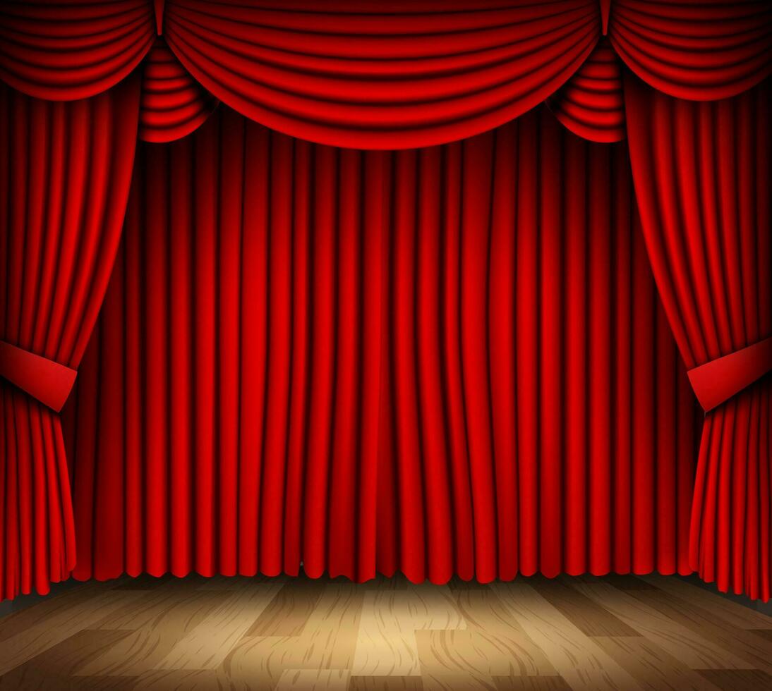 Red Curtain of Classical Theater with Wood Floor, Vector Illustration